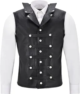 Chaleco sin mangas de cuero negro para hombre con botones a presión de doble botonadura, para todas las estaciones, estilo Guruna Biker Patchwork - Product Image 3