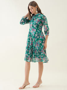 Vintage Style Green and Pink Floral Printed Fit & Flare Women <b>Dress</b> <b>for</b> Party Wear <b>Wedding</b> Event Retro Fashion Usage - Product Image 2