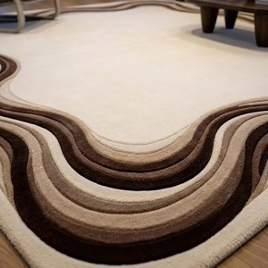 Modern Wavy Border Area Rug Cream Brown Abstract Hand Tufted Wool Carpet Luxury Living Room Bedroom Floor Decor Soft - Product Image 3
