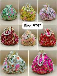 Indian Ethnic Potli Bag Satin Embroidered Pearl Handle Purse Women Handbag Wedding Drawstring Bags Sangeet Return Gifts Favors - Product Image 1