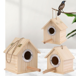 Hanging Wooden Bird House Outdoor <b>Garden</b> Nesting Box Natural Wood Birdhouse with Perch and Metal Entrance Ring - Product Image 2