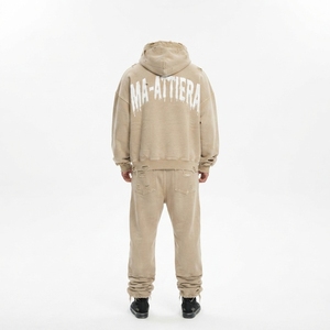 Custom Beige Washed Distressed <b>Oversized</b> Hoodie and Jogger <b>Sweatpants</b> Men Two Piece Streetwear Tracksuit Set - Product Image 3