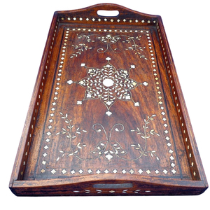 Plateau de service en bois de style marocain avec incrustation de carreaux de céramique peints à la main et poignées en métal cuivre vintage, plateau décoratif unique - Product Image 3