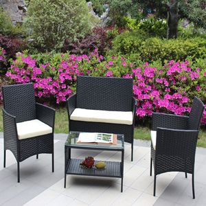 Juego de Muebles de Patio de Ratán Beige de 4 Piezas con Asientos Acolchados, Sofá de Mimbre para Exteriores con Cojines - Product Image 1