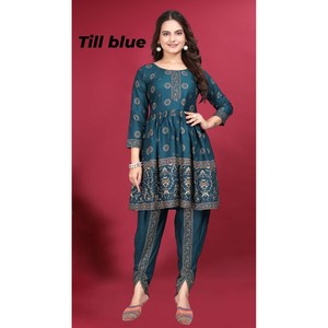 HAUT DE TRAVAIL IMPRIMÉ EN RAYONNE ATTRACTIF AVEC DHOTI TEAL - Product Image 1