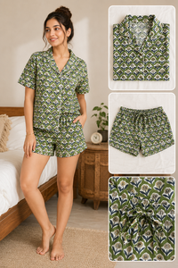 Conjunto de Pijama de Algodón para Mujer con Estampado Floral Verde, Hecho a Mano, Pantalones Cortos, Ropa de Dormir Suave para Mujer - Product Image 6