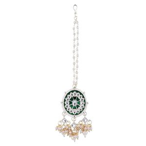Parure de bijoux en alliage plaqué or rose avec collier, boucles d'oreilles et coiffe, ornée de cristaux verts, strass, perles et pompons, pour femme, mariage - Product Image 5