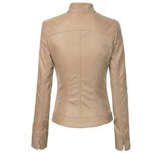 Blouson moto en cuir PU marron pour femme, manches longues, col montant, fermeture éclair, couleur unie, style motard, pour l'automne - Product Image 2