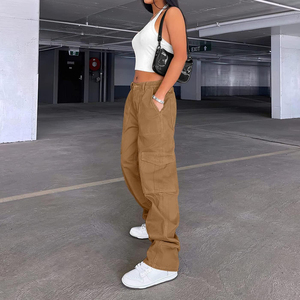 Hot Selling Women <b>Cargo</b> Pants Casual Loose Fit Elastic Waist Breathable Multi Pocket Trousers Solid Color Fashion Women's Pants - Product Image 4