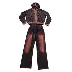 Wholesale Custom Acid Wash <b>Zip</b> Up Hoodie And Sweatpants Streetwear Heavyweight Cotton <b>Jogger</b> Tracksuit Set For Men And Women - Product Image 1