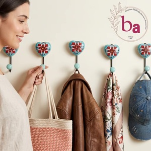 Ba Handmade Ceramic Heart Wall <b>Hook</b> With Flower Pattern Retro Style <b>Coat</b> Hanger For Home <b>Decor</b> - Product Image 2