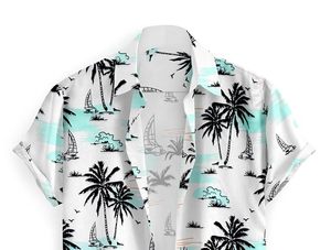 Camisa Hawaiana para Hombre, Manga Corta con Botones, Estampado de Palmeras y Veleros, Blanco y Verde Menta - Product Image 3