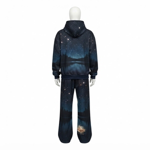 Men Navy <b>Galaxy</b> Print Zip <b>Hoodie</b> Wide Leg Pants Space Print Tracksuit Set Custom Streetwear - Product Image 4