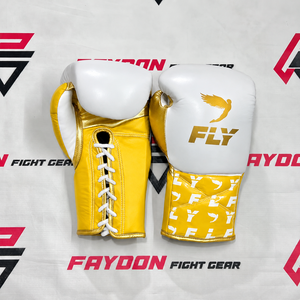Black/Golden/White Customized New Fly Printed Adjustable Hook & Loop Laced Up Sparring Boxing Gloves - Product Image 5