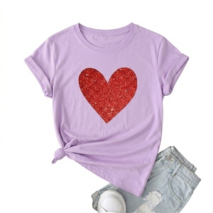 High Quality Women's Eco-Friendly Custom Logo Slim Fit Casual T-Shirts 100% Cotton Fashionable <b>Red</b> <b>Glitter</b> Heart Graphic Shirt - Product Image 5
