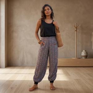 Women's High Waist Flat Harem Pants 100% Cotton Eco-Friendly Breathable Loose Fit Ankle Length <b>Elastic</b> Waist Printed Summer - Product Image 4