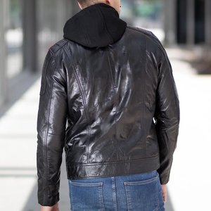 Veste en cuir noire pour homme, nouvelle collection, logo personnalisé, fermeture éclair, capuche, haute qualité, streetwear, hiver. - Product Image 2
