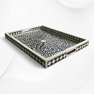Elegant <b>Black</b> Floral Bone Inlay Serving Tray Handmade Premium Quality Decorative Serving tray by Curio Craft - Product Image 2