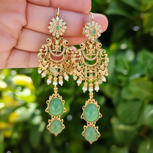Laxmi Vintage Chandelier Drop Earrings with Jade Pearl Diamond Moissanite Zircon Gold Plated Alloy Women's Wedding Jewelry - Product Image 3