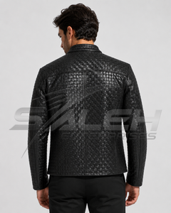Blouson moto homme en cuir d'agneau véritable noir, motif tressé gaufré, col montant, fermeture éclair, coupe ajustée, style automne - Product Image 3