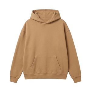 Men's Khaki Hooded Sweatshirt Solid Color Oversized Fit Casual Knitted <b>Fabric</b> Pocket Design Autumn Wear - Product Image 3