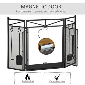 Schermo per caminetto pieghevole a 3 pannelli nero 2 porte magnetiche Set di utensili per caminetto 48 \ "X 0.75 \" protezione per scintilla antincendio spazzola per legna - Product Image 3