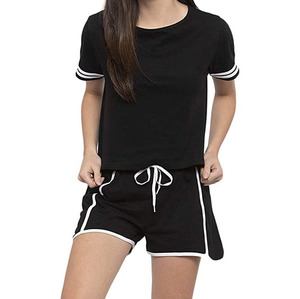 Ensemble de sport respirant pour femmes, t-shirt à manches courtes en coton tricoté uni et short, 2 pièces, été - Product Image 1