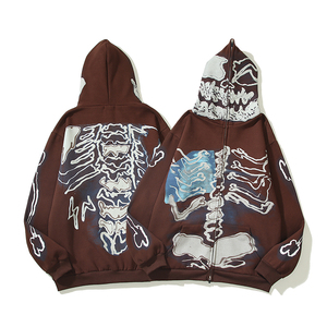 Sudadera con capucha extragrande personalizada con cremallera completa, diseño de calavera con estampado de huesos y llamas en toda la prenda, 100% algodón polar - Product Image 6