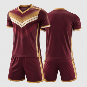 Maillot de football pour homme, couleur bordeaux et or, motif géométrique, manches courtes, col en V, tissu polyester respirant - Product Image 6