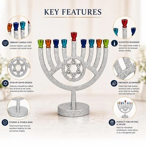 Modern Aluminum Menorah Hanukkah Christmas 9-Branch Jewish <b>Candlestick</b> Holder Handmade Durable Eco-friendly <b>Silver</b> Mirror Polish - Product Image 2