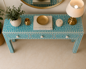 Handcrafted Bone Inlay <b>Console</b> <b>Table</b> with 3 Drawers Floral Pattern Entryway <b>Desk</b> Luxury Hallway Accent Furniture for Living room - Product Image 2