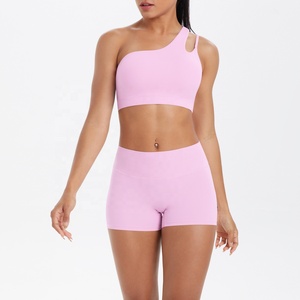 Pink one-shoulder yoga set Seamless crop top shorts High waist yoga shorts Asymmetric activewear set - Product Image 1