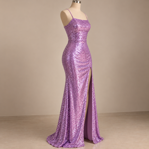 Robe de soirée sirène violette à sequins, bretelles spaghetti, longueur ras du sol, dos nu, fente latérale, pour soirée - Product Image 2