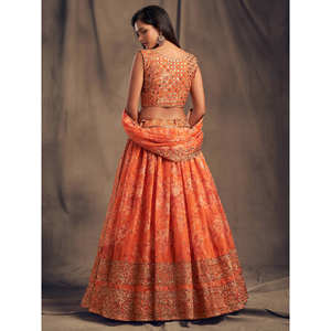 Festival de organza estampado floral naranja Lehenga Choli - Product Image 2