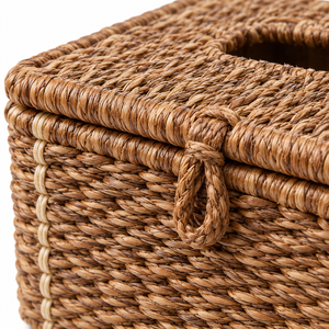 Boîte à mouchoirs rectangulaire personnalisable en jonc de mer écologique de style bohème avec couvercle à charnière et fermeture à boucle tressée pour la maison, le bureau et la vente en gros - Product Image 4