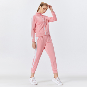 Women Pink Tracksuit Full Sleeve Half-Zip Sporty Jogger <b>Set</b> Breathable Polyester Cotton Solid Color Pants With Side - Product Image 2