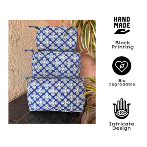 Premium Jaipur Hand Block <b>Toiletry</b> Bag Set of 3 Multi Function Travel Organizer Cosmetic Bags Blue Floral Design Unisex Kids - Product Image 1