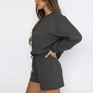 Conjunto de Sudadera y Pantalones Cortos de 2 Piezas para Mujer, Corte Regular, 100% Algodón Felpa, Transpirable, Estilo Urbano de Invierno, Ropa OEM - Product Image 2