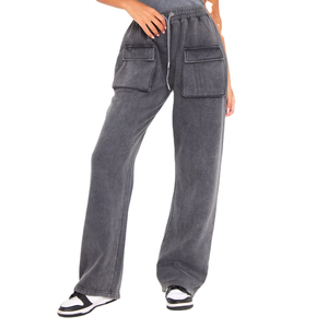 Pantalon de survêtement gris pour homme, coupe large, taille élastique avec cordon de serrage, poches latérales, décontracté, pour l'automne, 100 % coton, délavage sable, tricoté mi-lourd - Product Image 2
