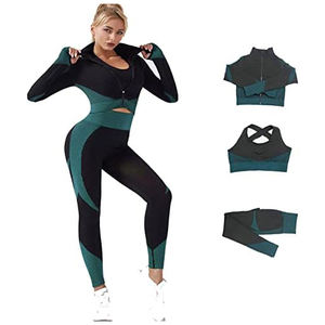Ensemble de sport 3 pièces sans coutures pour femme : leggings de yoga, soutien-gorge de sport, veste zippée, tenue de sport, vêtements de sport - Product Image 5