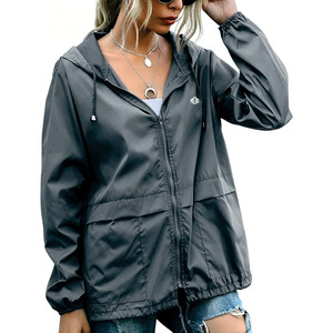 OEM Women's Grey Hooded Rain <b>Jacket</b> <b>Lightweight</b> Casual Windbreaker Custom Logo Outerwear Wholesale Flap Pockets <b>jacket</b> for men - Product Image 1