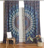 Panneaux de rideaux imprimés style hippie bohème indien, motif paon et mandala, bleu turquoise, pour chambre, salon et décoration intérieure