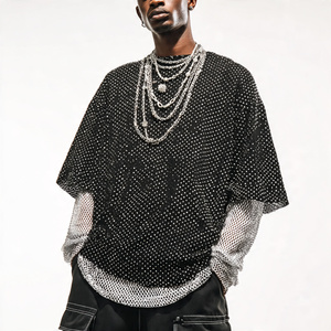 Camiseta de Doble Capa con Pedrería para Hombre, Estilo Urbano de Verano, Hombros Caídos - Product Image 2