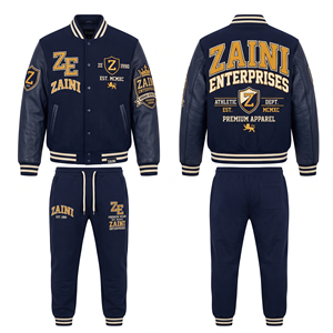 ชุดวอร์ซิตี้ยูนิเซ็กซ์ ZAINI ผ้าฝ้ายผสมโพลีเอสเตอร์ 320 GSM ผ้าฟลีซ แขนหนังเทียม สีกรมท่า-เบจ ปักลายปักแบบเชนิลล์ตามสั่ง - Product Image 1
