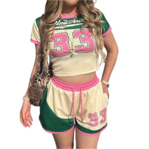 Women's <b>White</b> Green 23 Number Striped Two-<b>Piece</b> Shorts <b>Set</b> V-neck Short Sleeve Loose Fit Sporty Breathable Summer Side Stripe - Product Image 4