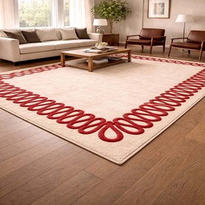 Tapis moderne à bordure rouge, tapis contemporain tufté à la main avec cadre bouclé, tapis en laine de qualité supérieure, tapis décoratif minimaliste pour salon et chambre à coucher - Product Image 1