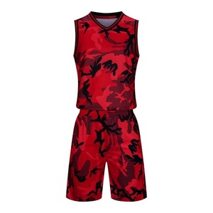 Ensemble uniforme de basketball camouflage rouge et noir, maillot sans manches et short, tenue athlétique en mesh, personnalisable pour équipe - Product Image 1