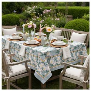 Hot Sale Hand Block Printed Cotton 4-6 Seater <b>Tablecloth</b> 150x220 cms Rectangular <b>Outdoor</b> Pastoral Style Camellia Snow Dusk - Product Image 1