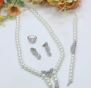 Stylish <b>Silver</b> Plated Brass Pearls CZ Look <b>Necklace</b> Combo <b>Set</b> Earrings Ring Bracelet Classic Wedding Engagement Party Wear Women - Product Image 2