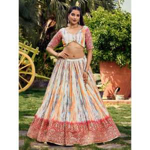 Superbe vêtements de fête en chinon imprimé numérique blanc et rose Lehenga Choli pour robes de cocktail - Product Image 5